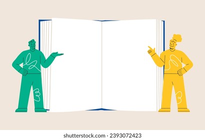 Man and woman standing in front of big empty opened book. Colorful vector illustration
