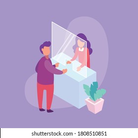 Man and Woman Standing in Front of Counter with Plexiglass on it to Practice Social Distancing Illustration. EPS 10 vector.