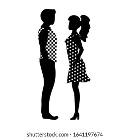 Man and woman standing in front of each other and talking. Vector illustration in simple black and white style.