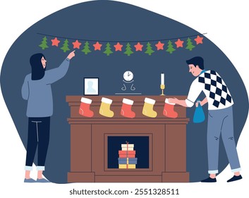 A man and a woman are standing in front of a fireplace