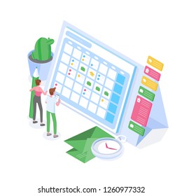 Man and woman standing in front of giant schedule or timetable. Planning, task management, organization of time, project accomplishment, goals achievement. Colorful isometric vector illustration.