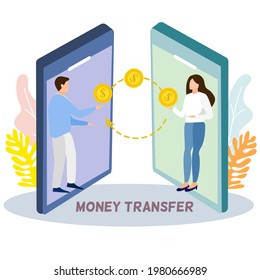 A man and a woman standing in front of smart phone, transferring gold coin to each other, on line transfer money concept