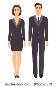 Man and woman standing in full growth in formal clothes. Couple in elegant and casual clothes. Basic wardrobe. Vector illustration, isolated