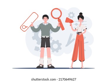 A man and a woman are standing in full growth with a magnifying glass and a web search bar in their hands. Human resource. Element for presentations, sites. Vector illustration