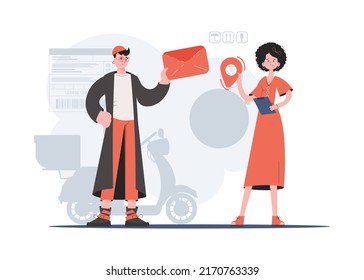 A man and a woman are standing in full growth with a letter and a navigation sign. Communications. Element for presentations, sites. Vector illustration