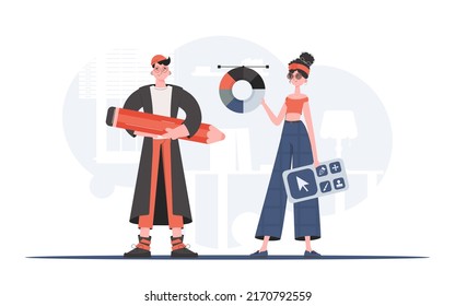 A man and a woman are standing in full growth with a color palette and a pencil in their hands. Design. Element for presentation. Vector illustration