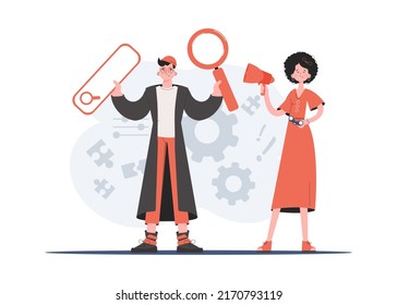 A man and a woman are standing in full growth holding a web search box in their hands. Human resource. Element for presentations, sites. Vector illustration