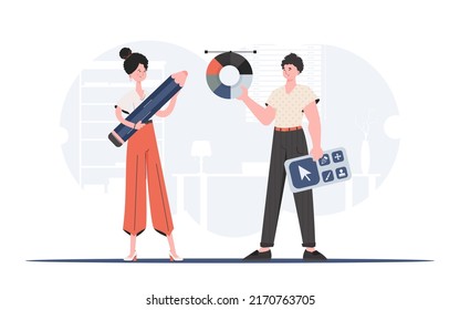 Man   woman standing full length and designer panel   color wheel  Design  Element for presentation  Vector illustration