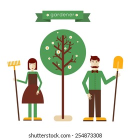 Man and woman standing full length with garden tools near the tree. Gardening activities. Home and garden. Modern flat style. Vector illustrations.