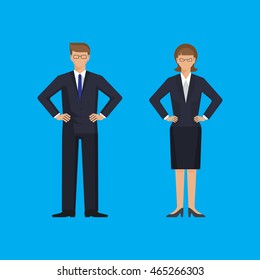 Man and woman are standing holding arms akimbo. Colorful vector flat illustration.