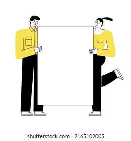 Man and Woman standing and holding big white banner. Teamwork concept. Vector illustration