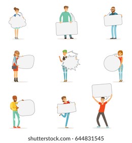 Man and woman standing and holding blank speech bubbles. Communication between people vector Illustrations