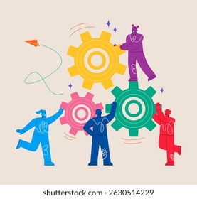 Man and woman standing holding gears in hands as symbol of cooperation. Colorful vector illustration
