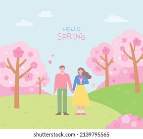 A man and a woman are standing holding hands. Park background with cherry blossoms. flat design style vector illustration.