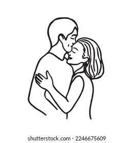 man and woman standing hugging and smiling - doodle sketch heterosexual couple in love hugging happily