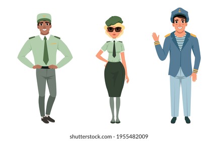Man and Woman Standing in Military Uniform Vector Set