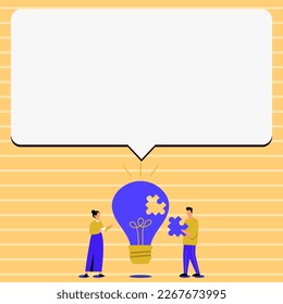 Man and woman standing near big bulb with peace of puzzle. Two People Displaying Recent Updates. White dialog bow for text on bright colored background.