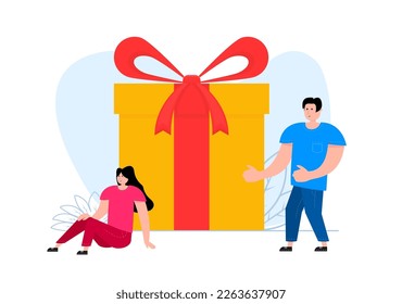 A man and a woman are standing near gift box. Online reward. Giving, receiving surprise.