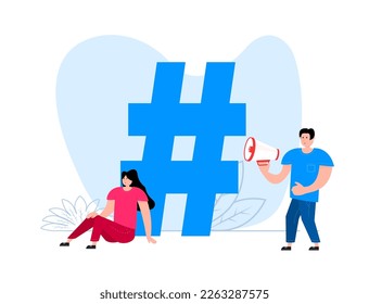 A man and a woman are standing near Hashtag.