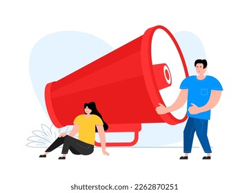 A man and a woman are standing near megaphone. Advertisement campaign, promotion, marketing.