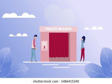 Man And Woman Standing Near Photo Booth Cartoon. People Characters Going Take Picture For Good Memories. First Dating At Flat Photobooth. Romantic Gradient Backdrop. Vector Illustration