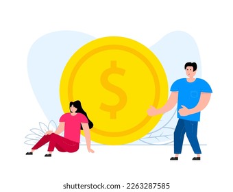 A man and a woman are standing near a piggy bank. Finance Budget. Saving Money or Cash Back