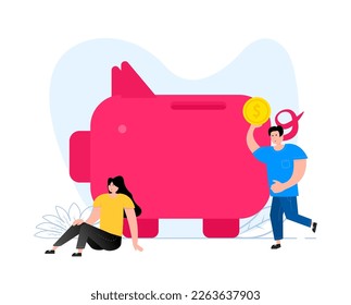 A man and a woman are standing near a piggy bank. Finance Budget. Saving Money or Cash Back