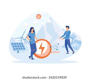 Man woman  standing near wind turbines, solar panels.  flat vector modern illustration 