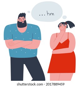 A man and a woman are standing next to each other and thinking about something. Flat vector illustration