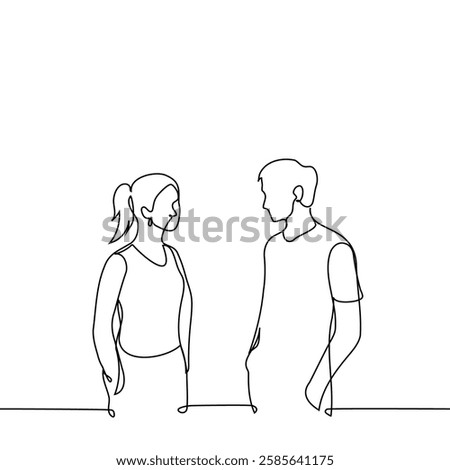 man and woman standing next to each other with hands in pockets and looking at each other - one line art vector. Handmade vector not AI