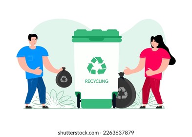 Man and woman standing next to a trash can. People sorting garbage. Saving ecology and recycling.