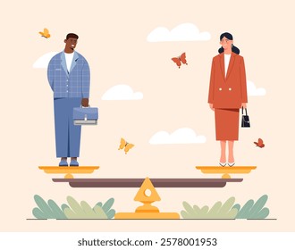 Man and woman standing on a balanced scale with butterflies and clouds in the background. Concept of gender equality and workplace fairness. Vector illustration