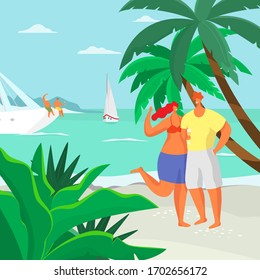 A man and a woman are standing on the beach near the sea under a palm tree and smiling vector cartoon illustration. Young couple on vacation. Tourists relax on a yacht. Summer vacation at sea.