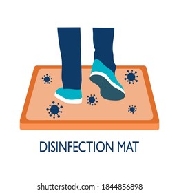 Man or woman are standing on disinfection mat to clean shoe from Covid-19 coronavirus and bacteria. Healthcare concept vector illustration on white background.	
