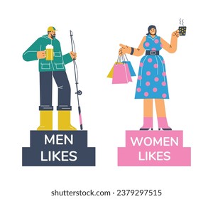 Hombre en mujer parado en podios de estilo plano, ilustración vectorial aislada en fondo blanco. Elemento de diseño decorativo, estereotipos de género. Cerveza y pesca, compras