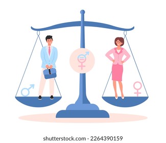 Man and woman standing on the scales for gender equality.  Male and female employees with equal career opportunities. Workforce without gender discrimination. 