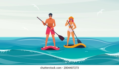 Man and woman standing on stand up paddle board.  Young couple are doing watersport. Vector illustration
