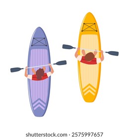 Man and woman standing on sup boards on water, holding oar, top view. Advertising of sports school, teaching to ride SUP.