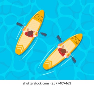 Man and woman standing on sup boards on water, holding oar, top view. Advertising of sports school, teaching to ride SUP.