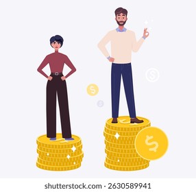 A man and a woman standing on top of a pile of coins. Success and rivalry concept. Vector illustration in a flat style