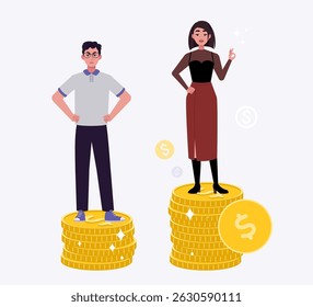 Um homem e uma mulher em cima de uma pilha de moedas. Sucesso e conceito de rivalidade. Ilustração vetorial em estilo plano