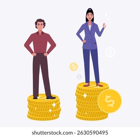 Um homem e uma mulher em cima de uma pilha de moedas. Sucesso e conceito de rivalidade. Ilustração vetorial em estilo plano