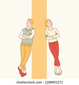 A man and a woman are standing on the wall. hand drawn style vector design illustrations.