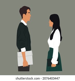 A man and a woman are standing opposite each other and talking.  A couple in love. Vector illustration.