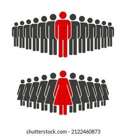 Man and woman standing out from the crowd. The red stick figure ahead of the black stick figures. Difference and individuality concept. People group icon. Vector illustration isolated on white.