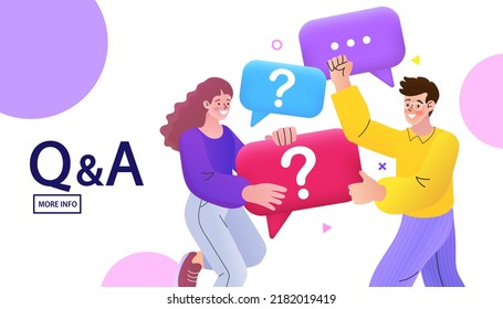 Man and woman standing with question mark in speech bubble. analytics and Information. SEO optimization. Concept of frequently asked questions, query, investigation, search for information. vector