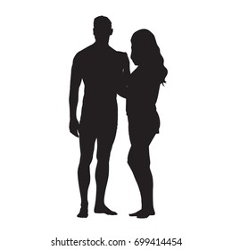 Man and woman standing side by side and holding each other, loving couple vector silhouette