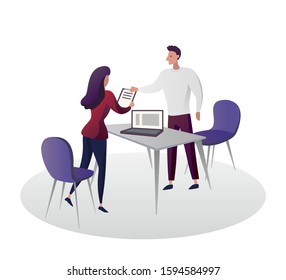 A man and a woman are standing and talking about work in the company office. Vector design illustrations isolated on white background.
