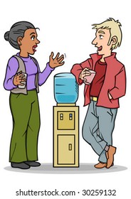 A man and woman standing and talking around a water cooler.