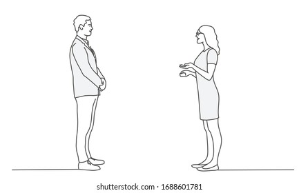 Man and woman standing and talking to each other. Business people. Line drawing vector illustration.